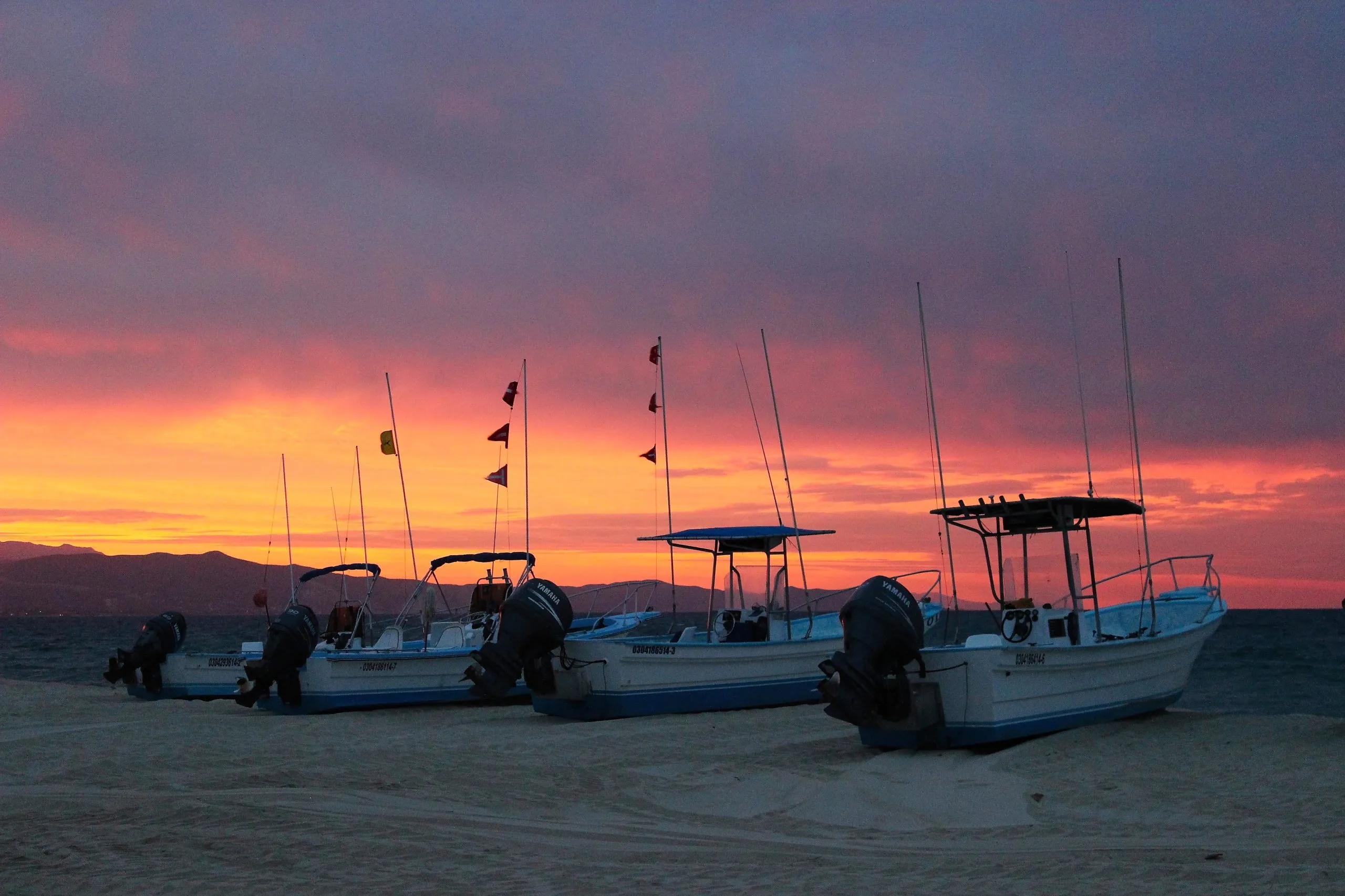 Four fishing pangas lined up on the beach at sunset, East Cape, Baja California.