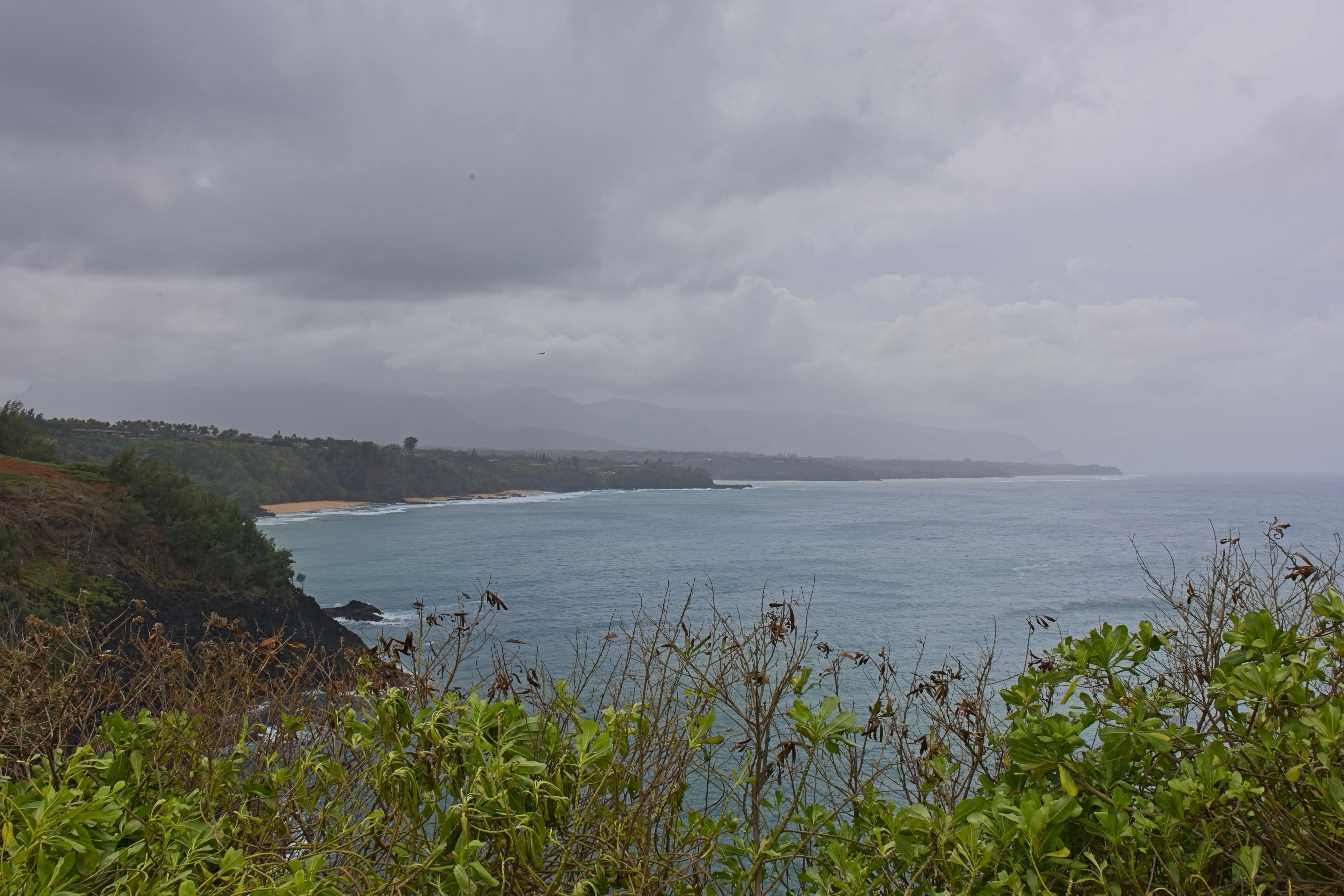 Overcast view of Kīlauea Point coastline with distant beach and misty mountains, Kauai.