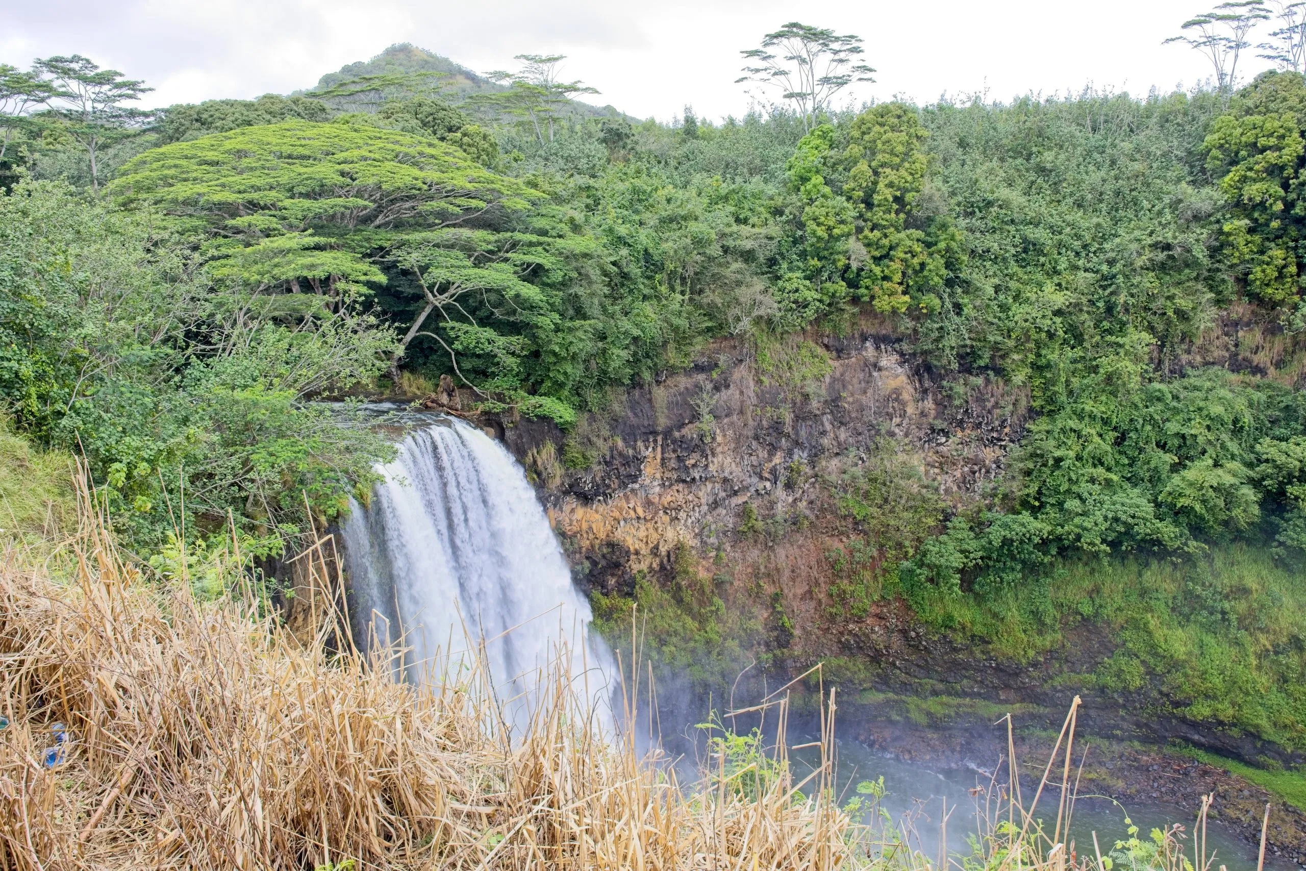 Wailua Falls cascading over a cliff into a lush valley on Kauai, Hawaii.
