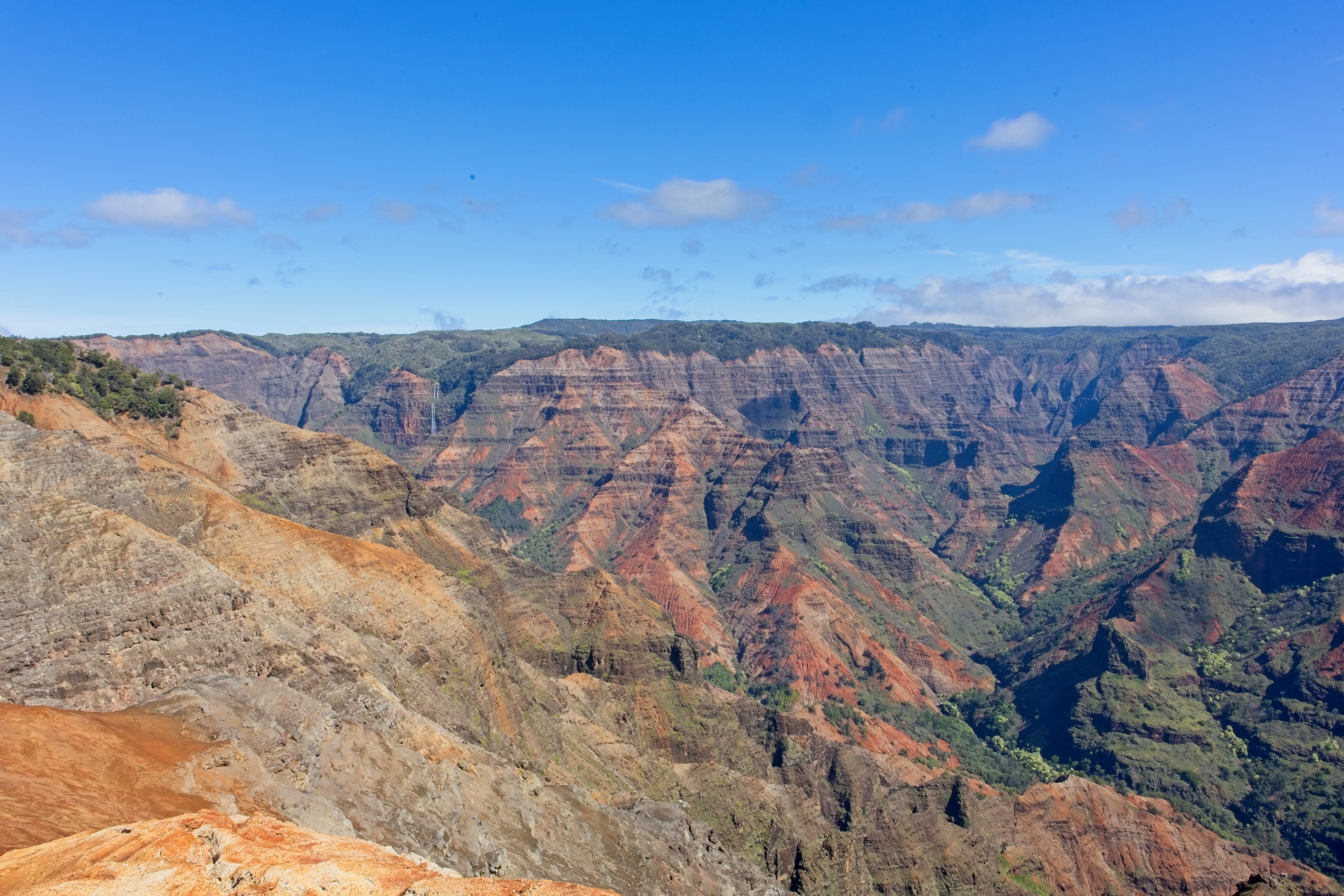 Deep Waimea Canyon with distant waterfall on a cliff face, Kauai.