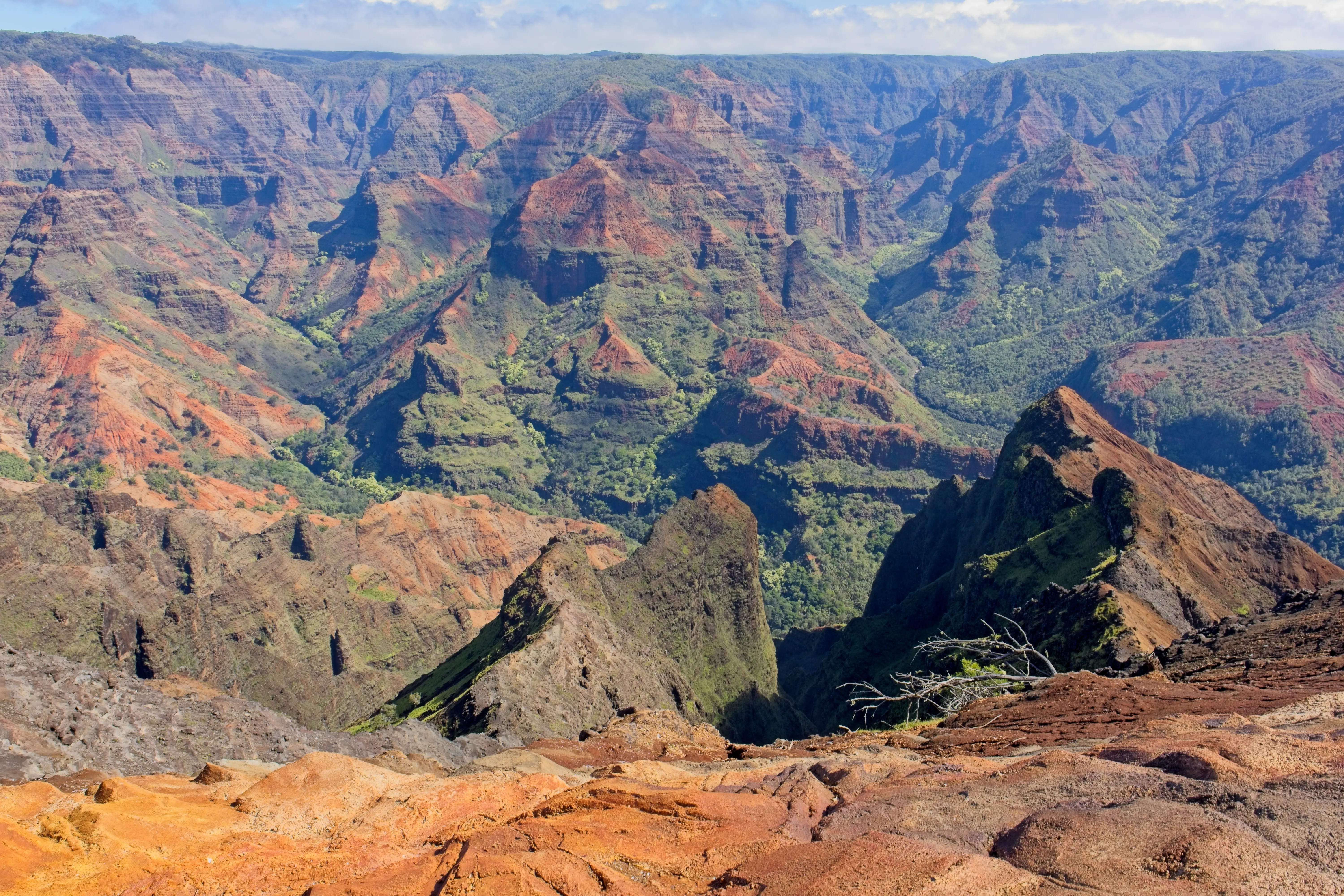 High overlook of orange-red canyon walls and deep shadows at Waimea Canyon, Kauai.