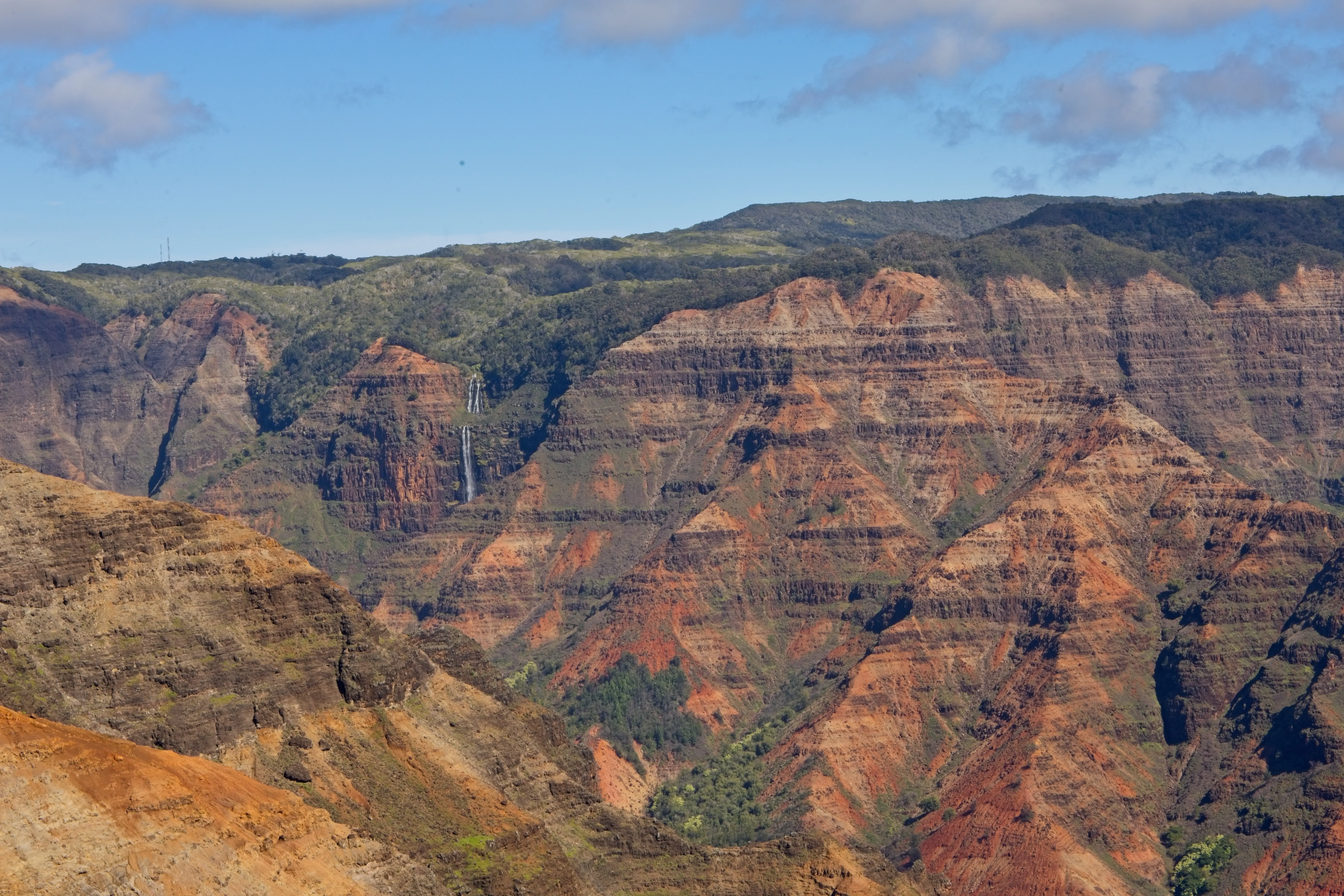 Wide view of Waimea Canyon with waterfall on a forested cliff, Kauai.