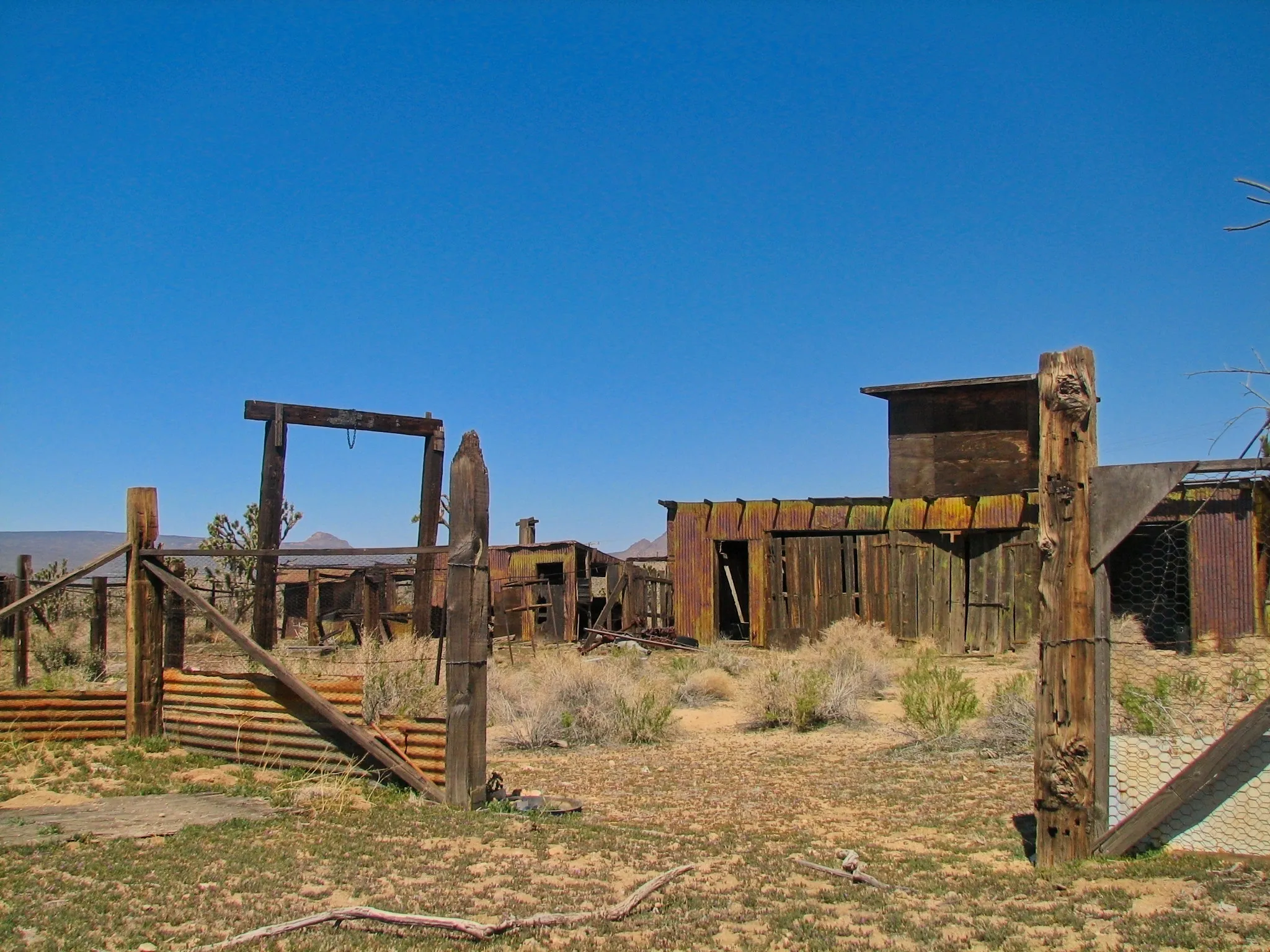 Abandoned corrugated-metal and wood buildings at the Death Valley Mine, Mojave Desert, California.