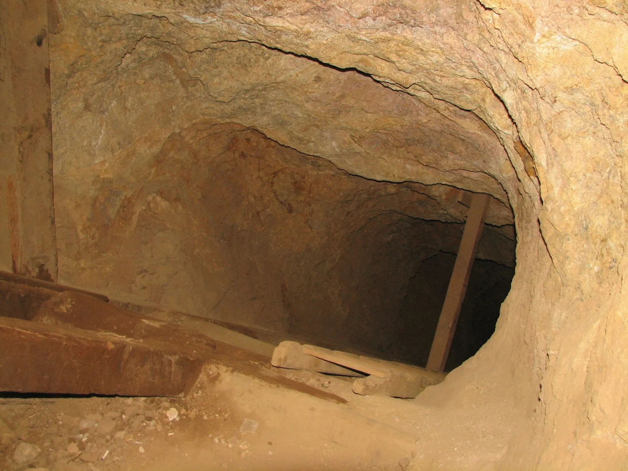 Timber supports and wooden ladder in excavated mine passage.