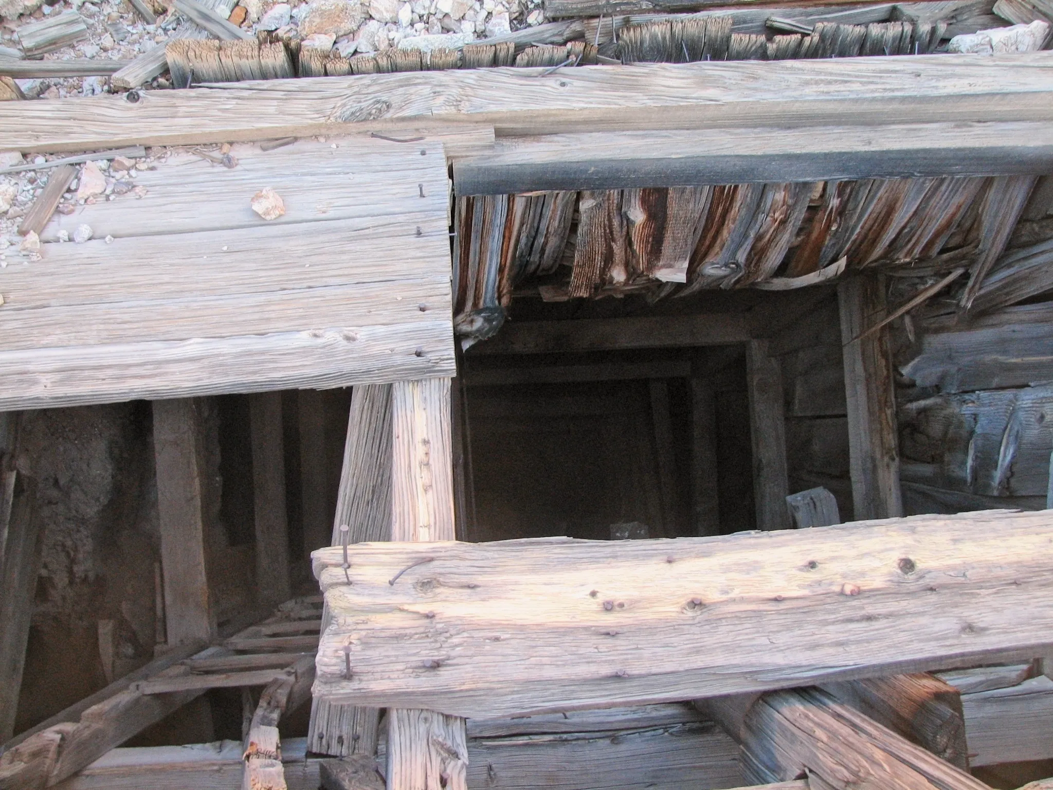 Looking down into a timber-lined mine shaft at War Eagle Mine.