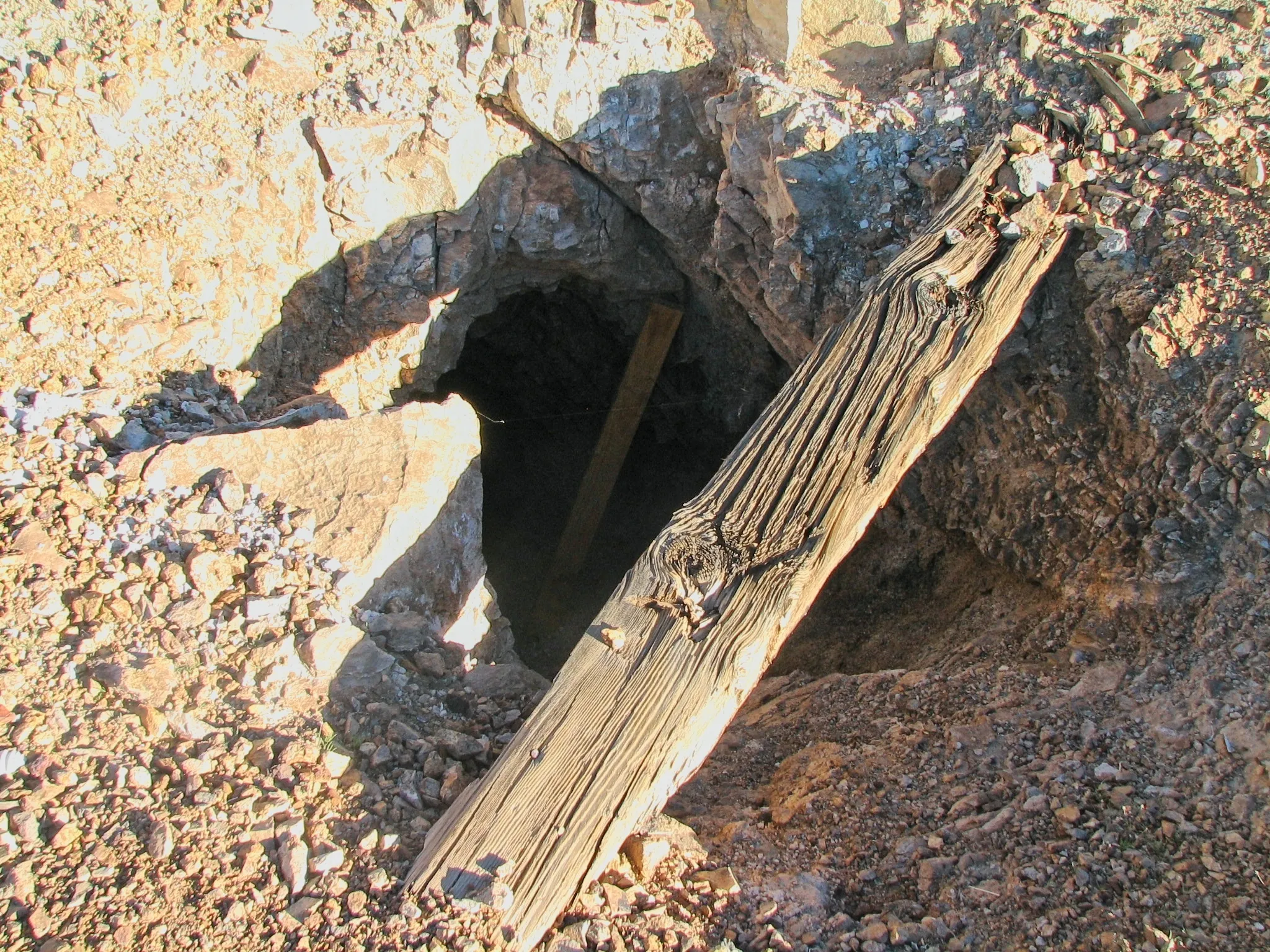 Mine shaft opening blocked by weathered wooden beam on rocky ground.