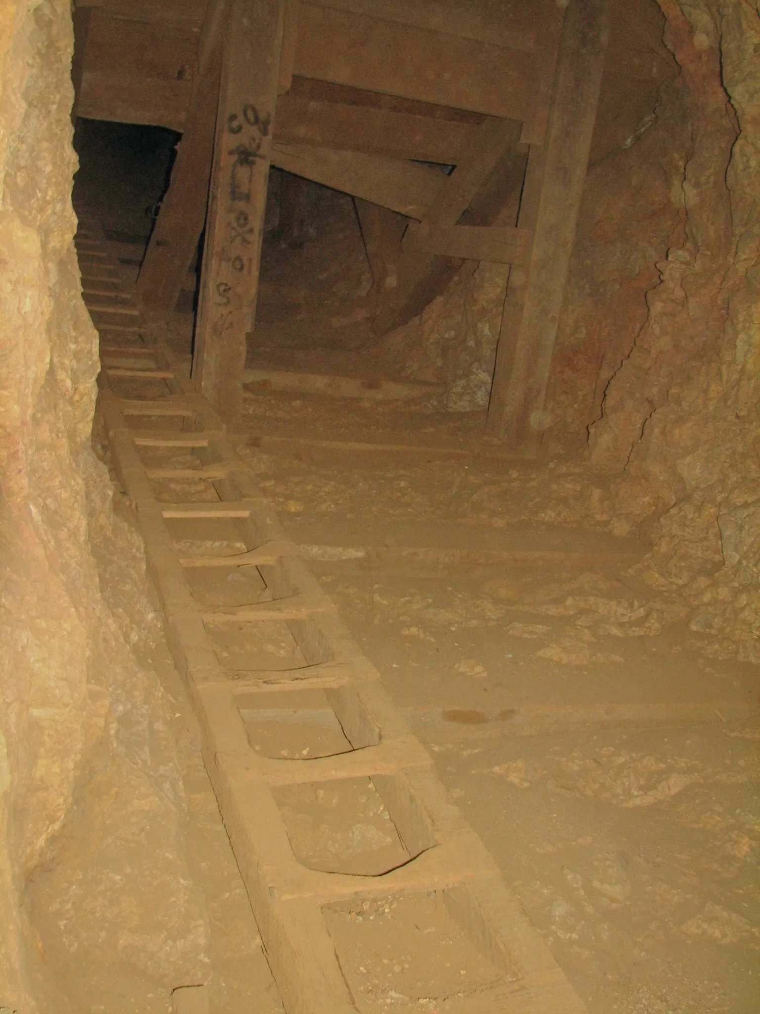 Wooden ladder and timber supports in sloping mine passage.