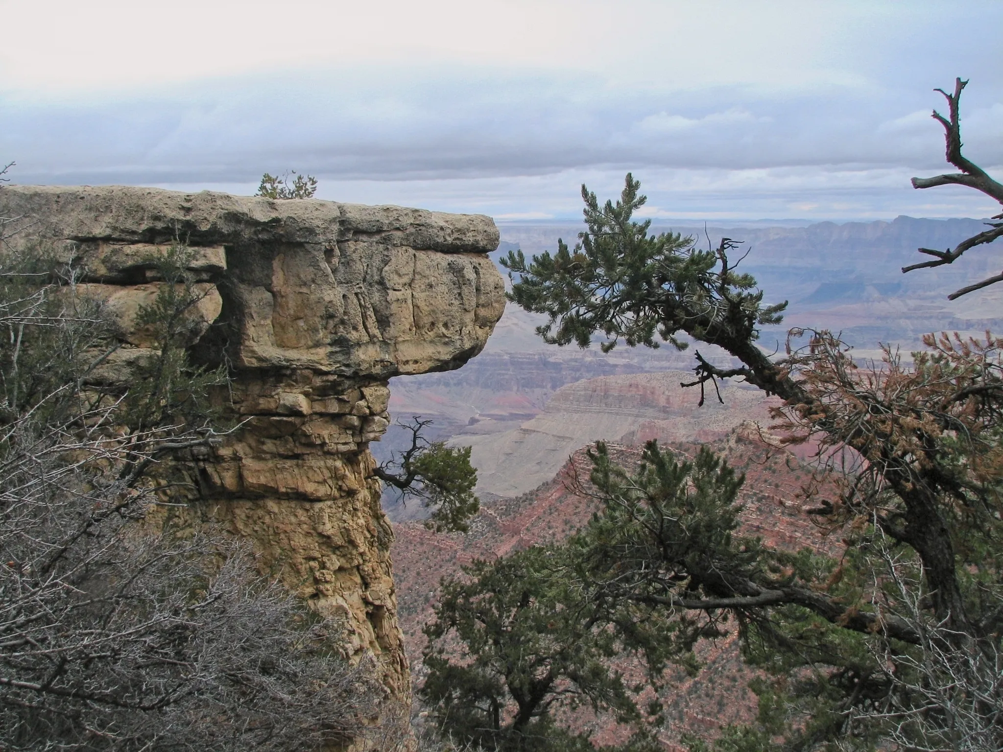 Layered rock formations at Grandview Point under an overcast sky, Grand Canyon, Arizona.