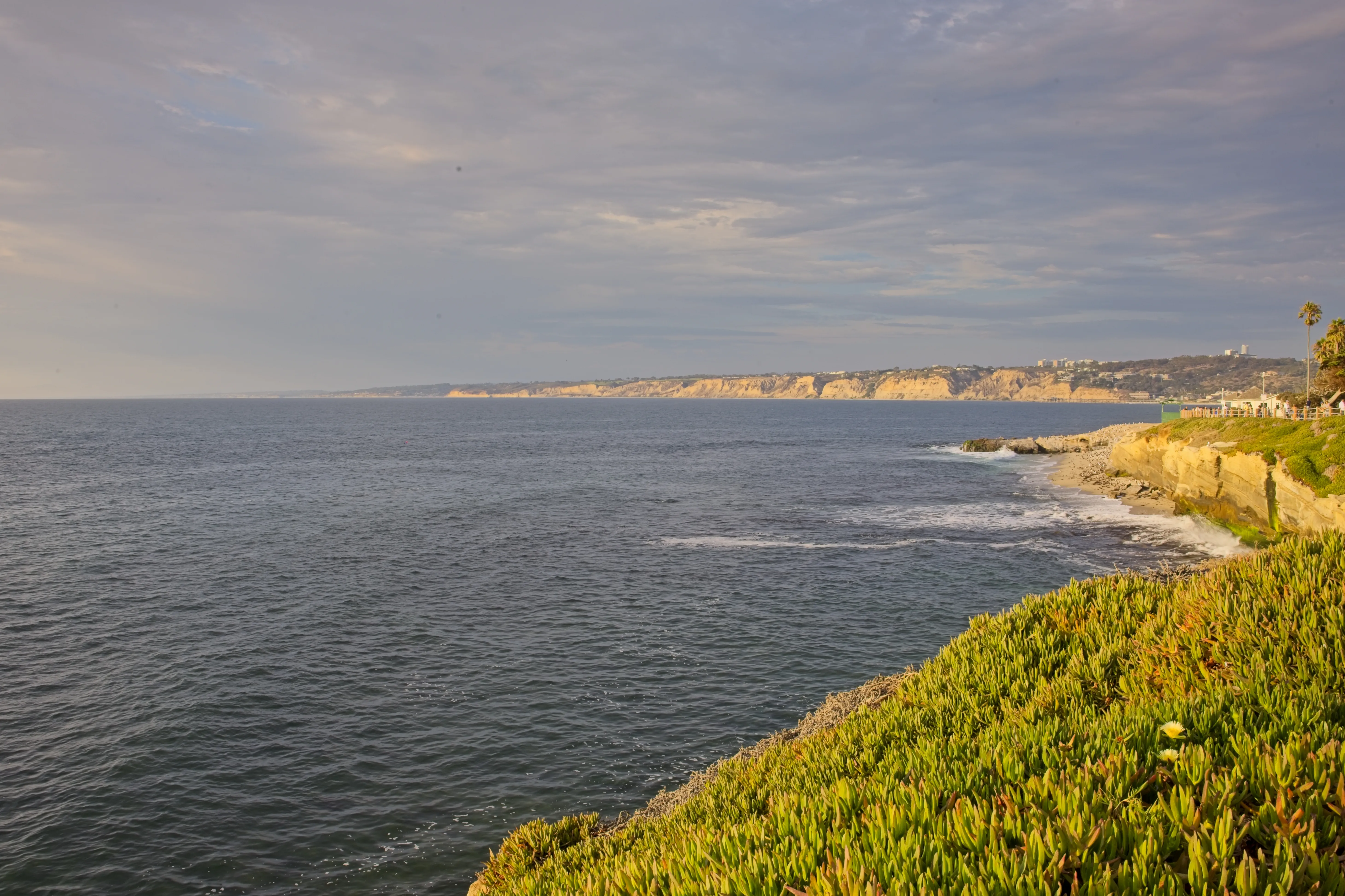 Sandstone cliffs and churning surf along the La Jolla coastline under cloudy sky.