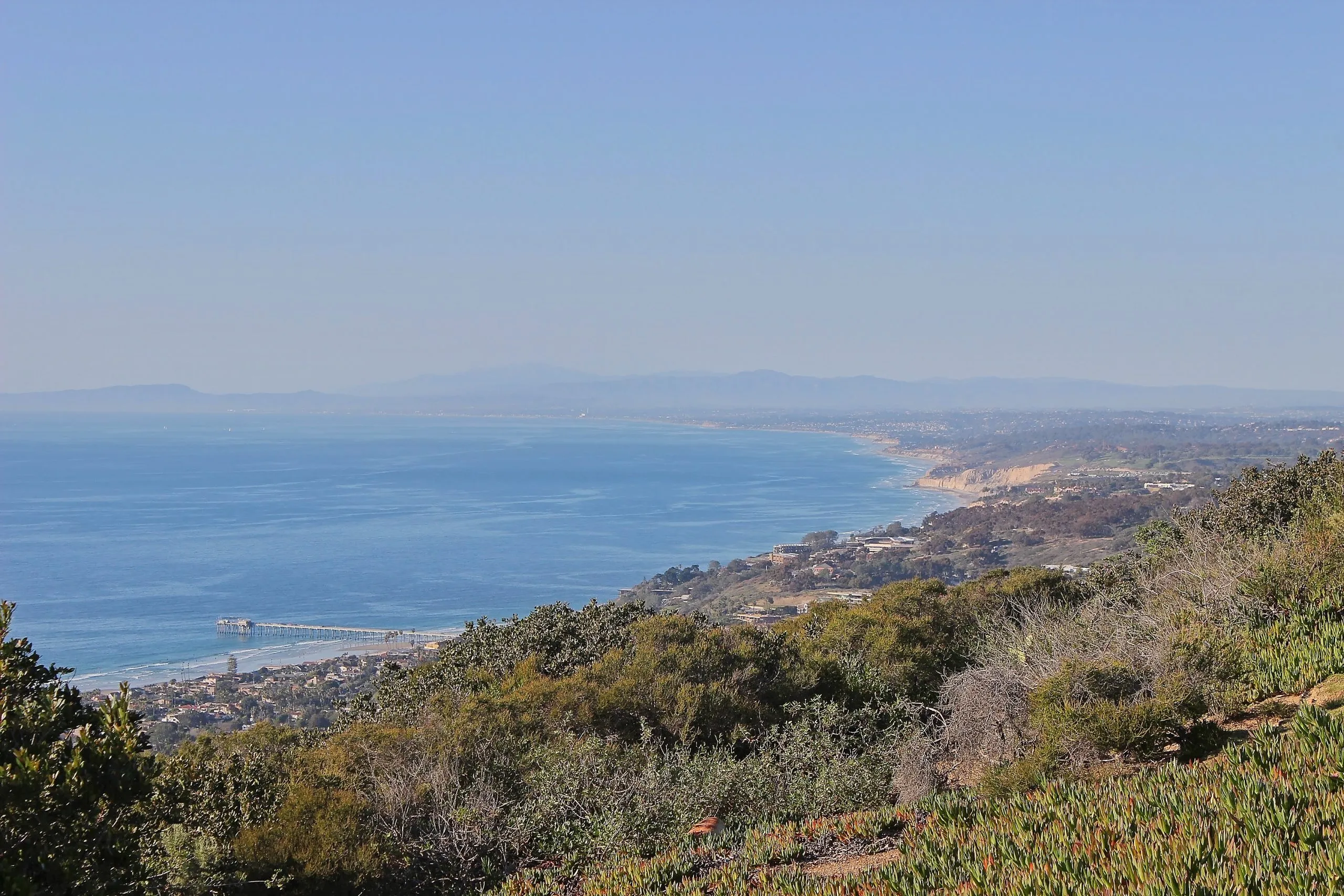 La Jolla coastline and Scripps Pier viewed from Mount Soledad, San Diego, California.
